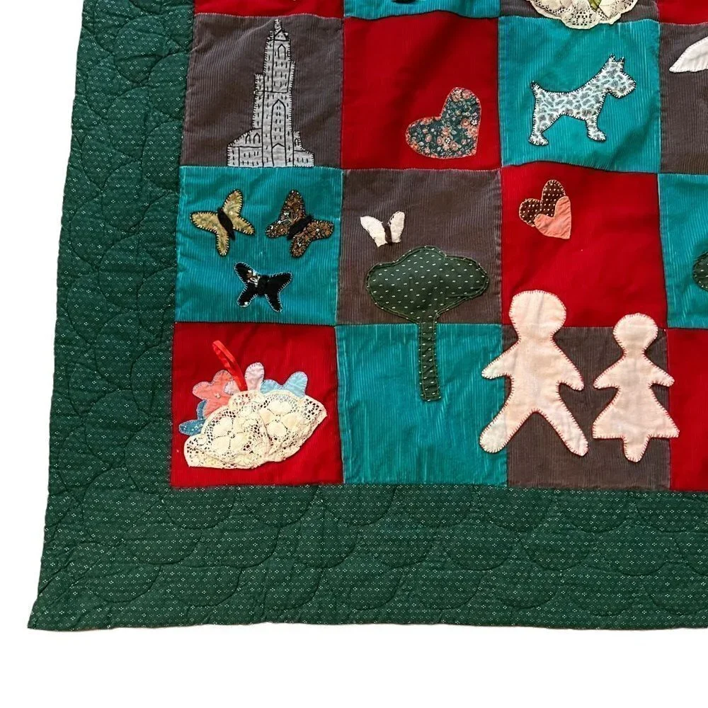 Handmade Quilt Throw Corduroy Home Family Dogs Birds Doves 66‎ x 51